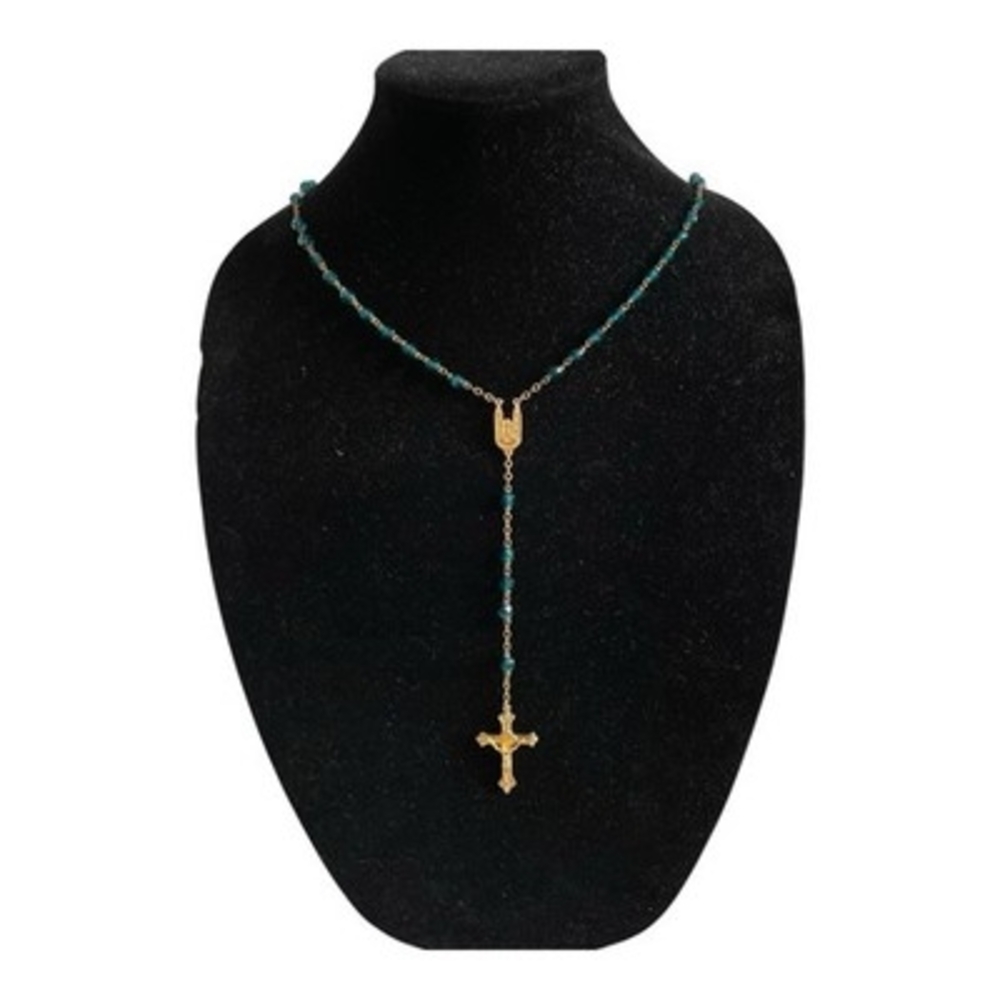 Vintage Medugorje Turquoise Glass Bead Rosary Necklace Gold Tone Crucifix NIB - Picture 4 of 4